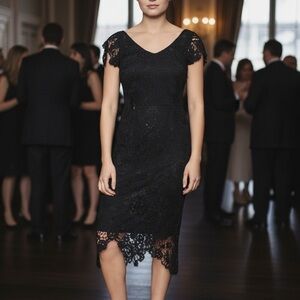 Vintage Crochet Beaded 3D Appliqué Cocktail Wedding Black Bodycon Midi Dress